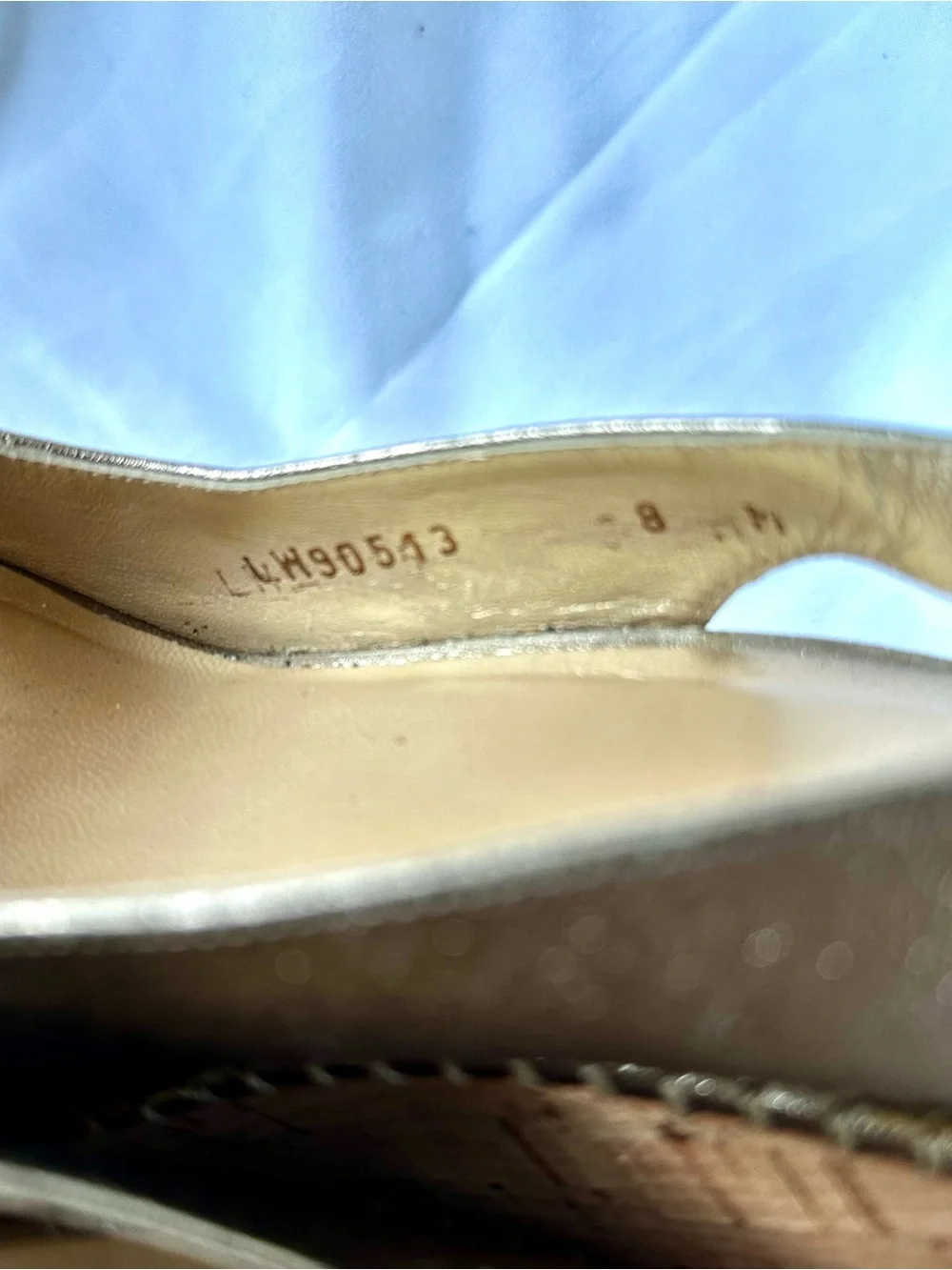 Stuart Weitzman Metallic Gold Peep-Toe Slingback Wedges - Picture 8 of 9